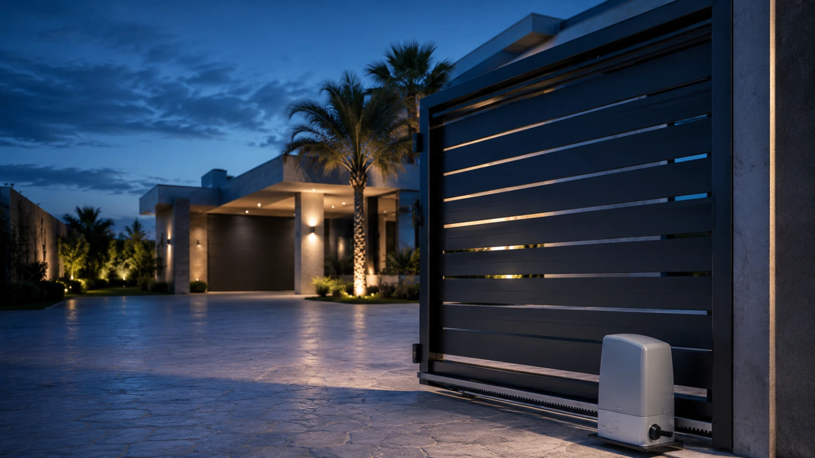 Portão automático moderno com motor instalado em entrada residencial