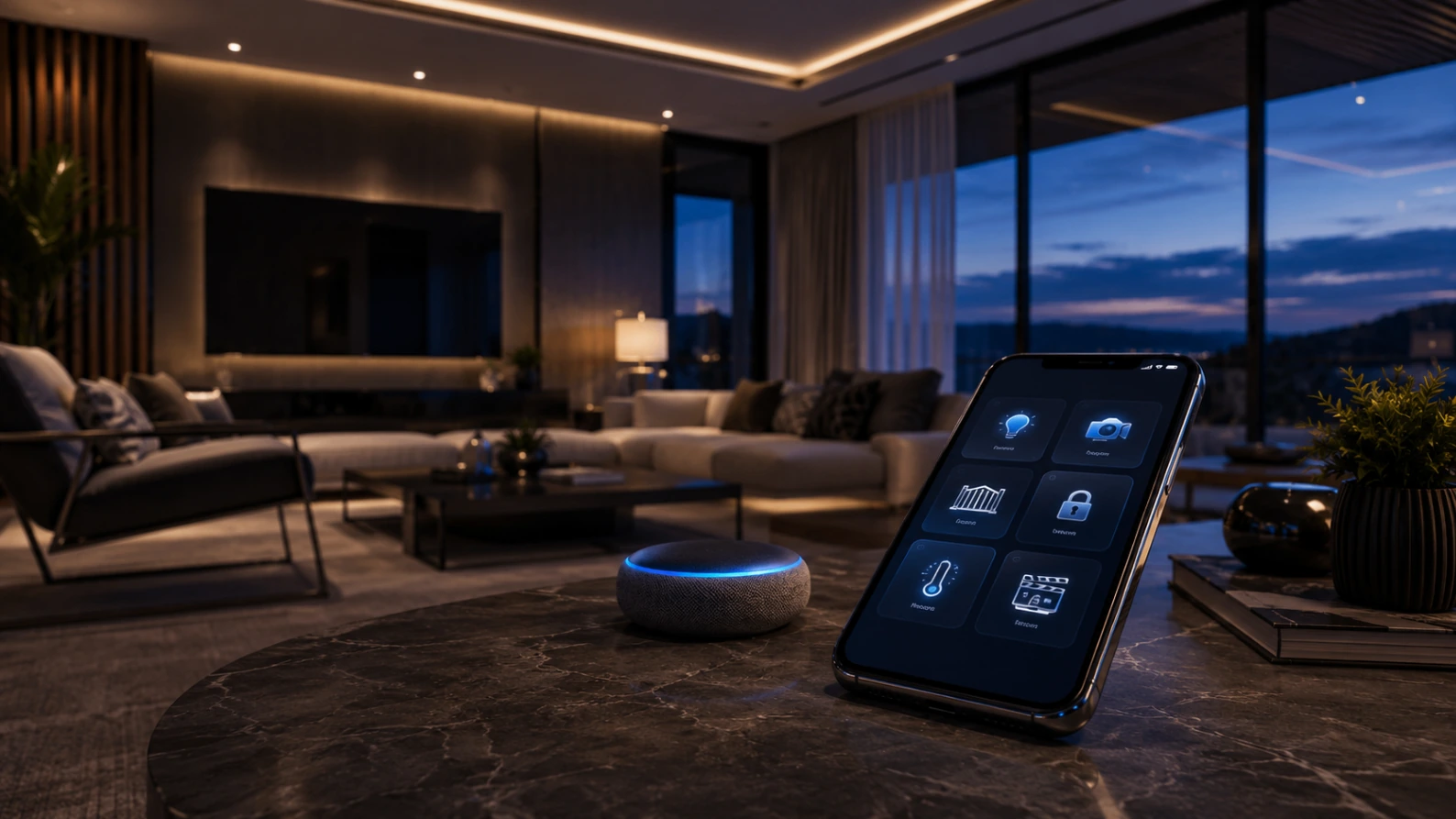 Sala moderna com aplicativo de automação residencial em smartphone