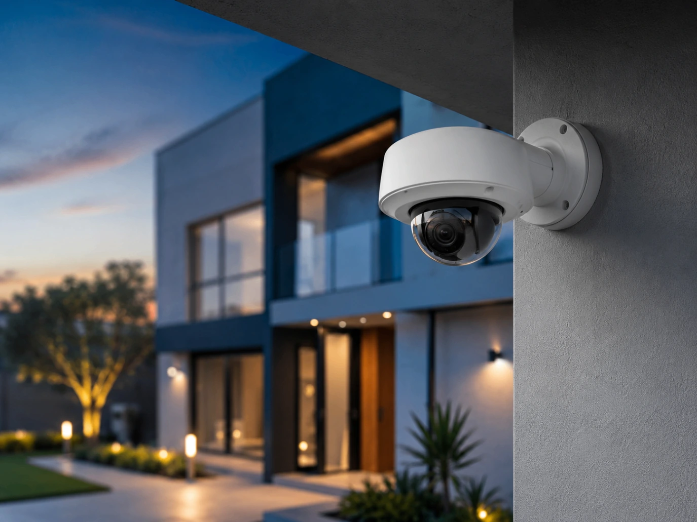 Câmera de monitoramento dome moderna em fachada residencial