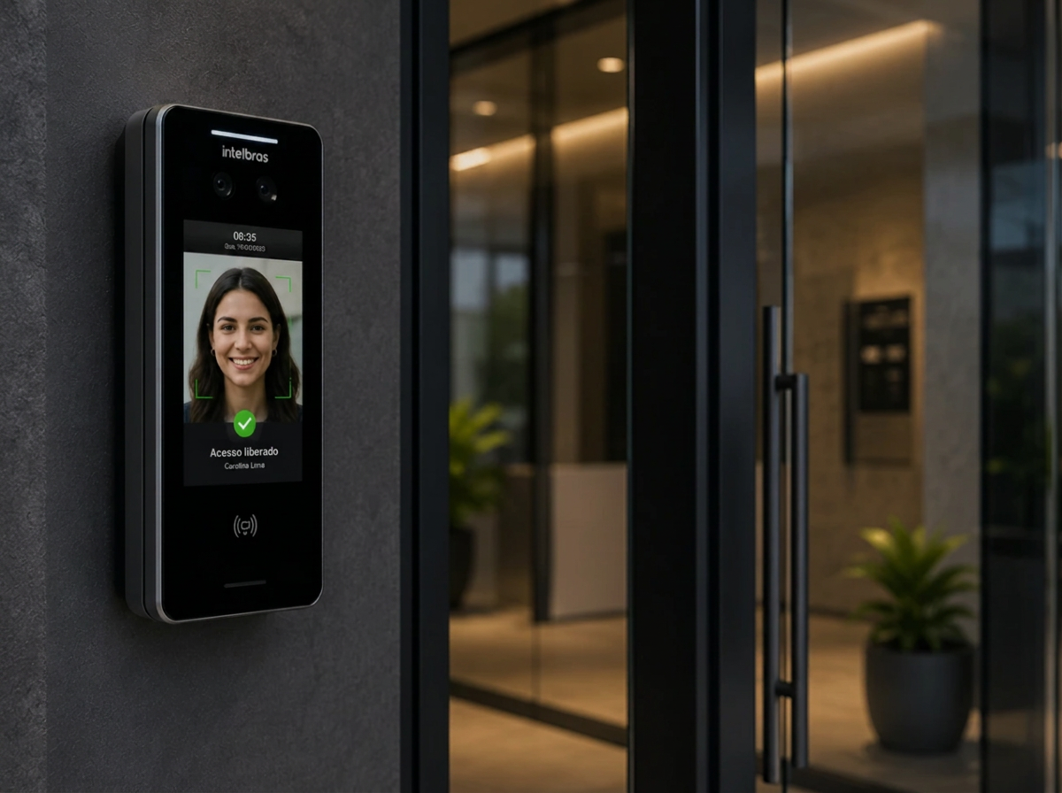 Leitor facial moderno instalado ao lado de porta de vidro
